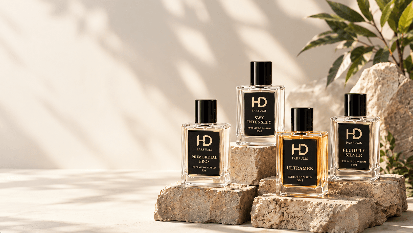 HD Parfums bottles arranged on a warm stone surface
