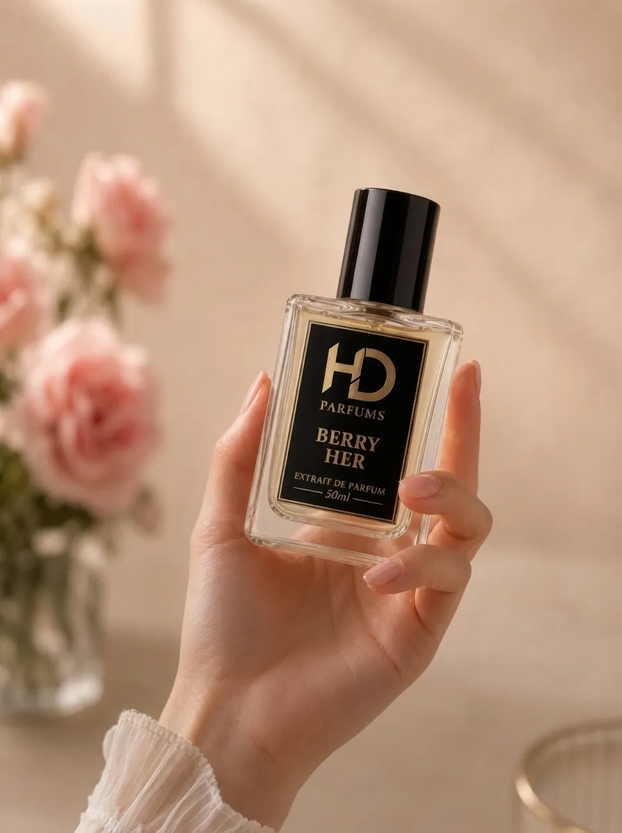 A blush perfume bottle beside pink roses