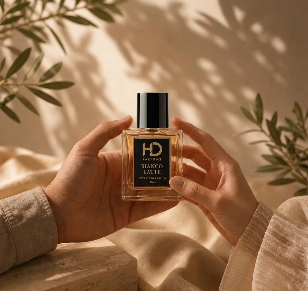 A gold perfume bottle among green leaves